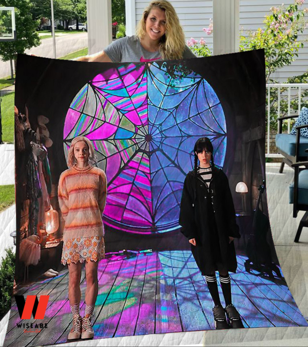 Wednesday Addams And Jenna Ortega Stained Glass Fleece Blanket, Wednesday Addams Merchandise