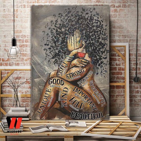 Music And Wine Melanin Black Queen Wall Art Canvas, Gifts For Young Black Girl